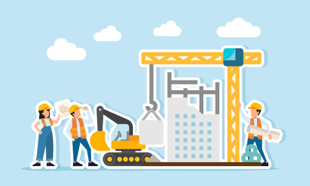 Several engineers inspecting a building construction project and heavy equipment usage illustration of monitoring and reviewing project completionのイラスト素材