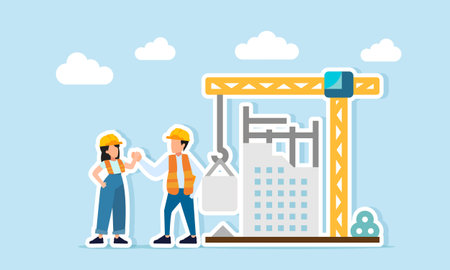 Male and female engineers shaking hands near a building construction project illustration of agreement on using a vendor in the building development projectのイラスト素材