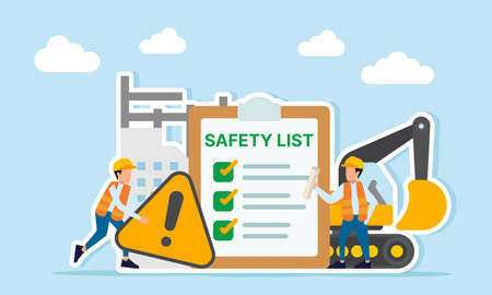 Engineer holding paperwork and another carrying warning sign standing near heavy equipment construction site and safety list board illustration of worksite safety awarenessのイラスト素材