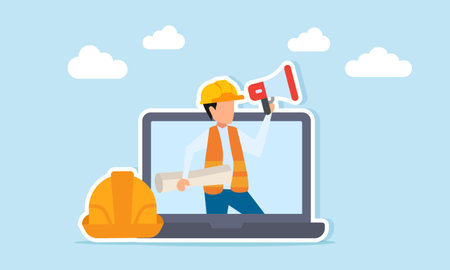 Engineer appearing from laptop screen near project helmet holding paperwork and megaphone illustration of online meeting for giving instructions about construction projectのイラスト素材