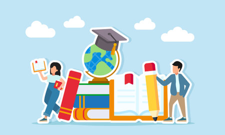 Man holding a pencil near an open book and young woman reading near a stack of books globe and graduation cap illustration of literacy to support school or university graduationのイラスト素材