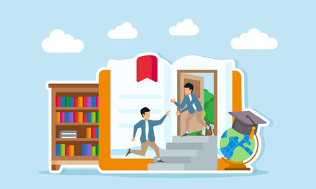 Young man help his friend climb stairs lead to a door on an open book page near bookshelf globe and graduation cap illustration of expanding knowledge through world encyclopediaのイラスト素材