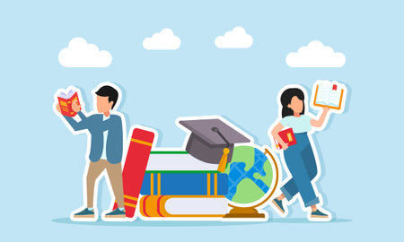 Young man and woman reading books around a stack of books globe and graduation cap illustration of the importance of literacy to support school or university graduationのイラスト素材