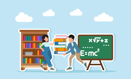 young man carrying a stack of books to give to a young woman they are standing between bookshelves and a chalkboard illustration of sharing knowledge and scienceのイラスト素材