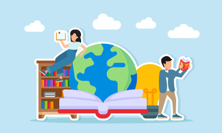 young man and woman read books around bookshelves globe lamp and open book illustration of get ideas...