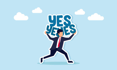 Businessman running while carrying several yes words, illustration of gaining approval to implement company business policyのイラスト素材