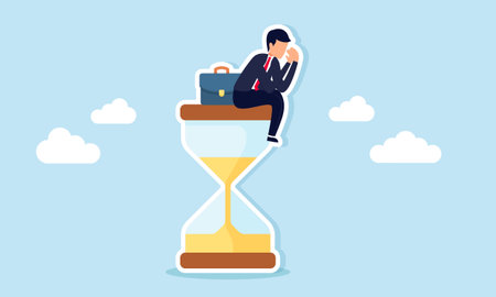 Businessman sitting on hourglass looking frustrated or regretful, illustration of frustration with...
