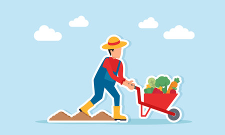 Farmer pushing a wheelbarrow full of vegetables near farmland illustration of agricultural land managementのイラスト素材