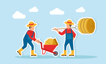 Farmer pushing a pile of straw while another carries a pitchfork with hay illustration of teamwork improving the efficiency of agricultural land managementのイラスト素材