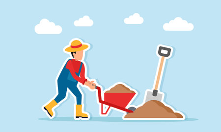 Farmer preparing for mixing fertilizer or growing media illustration of effective and efficient agricultural land managementのイラスト素材