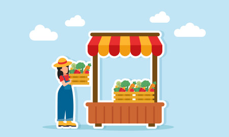 Female farmer selling vegetables from the garden or farm at a shop stall illustration of downstream process or marketing of agricultural productsのイラスト素材
