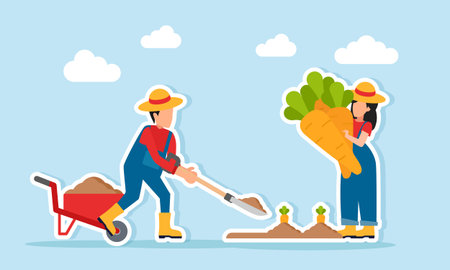 Male farmer planting while female farmer harvesting illustration of teamwork improving the efficiency of agricultural land managementのイラスト素材