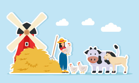 Farmer near a pile of straw and windmill building holding a chicken among several livestock such as cows and goats illustration of livestock land managementのイラスト素材