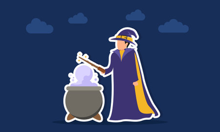 Witch brewing a magical potion in a large cauldron illustration of appreciation for halloween day editionのイラスト素材