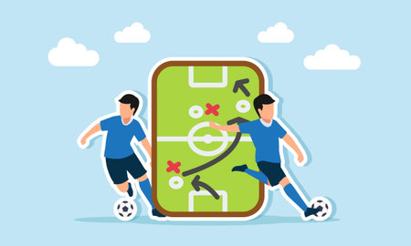 Two football players playing near a tactical board illustration of coach strategy implementationのイラスト素材