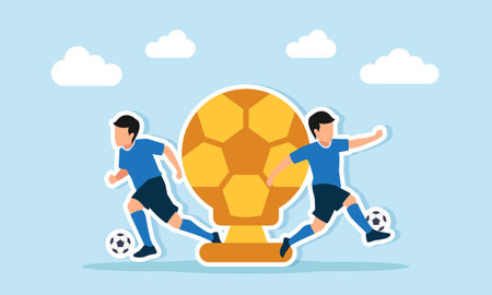 Two footballers playing near a golden ball trophy illustration of intense competition to win the title of the best football player in the worldのイラスト素材