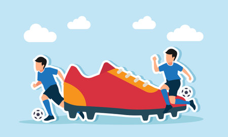 Two footballers playing near a giant football boot illustration of technique and skill in the game of footballのイラスト素材