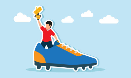 A goalkeeper emerging from a football boot holding a golden glove trophy illustration of competition to win the award for most saves or clean sheetsのイラスト素材