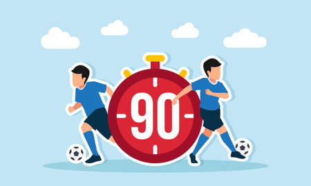 two football players playing near a stopwatch showing ninety illustration of winning a football competition and league championshipのイラスト素材