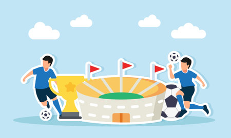 two football players playing near a stadium trophy and giant ball illustration of competition to become the best and win the football championshipのイラスト素材