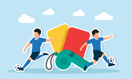 two football players playing near a whistle and red and yellow cards illustration of fair play in footballのイラスト素材