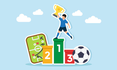football player lifting a trophy on a champion podium near a strategy board and a giant ball illustration of winning a football league or competitionのイラスト素材
