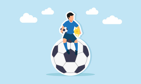 football player holding a ball and trophy while sitting on a giant ball illustration of football league or tournament championのイラスト素材