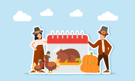 Man and woman wearing hats near a calendar showing roast turkey beside a pile of pumpkins and some turkeys with hats illustration for Thanksgiving appreciationのイラスト素材