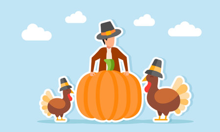 Man wearing a hat popping out from a giant pumpkin near several turkeys wearing hats illustration of appreciation for Thanksgiving Dayのイラスト素材