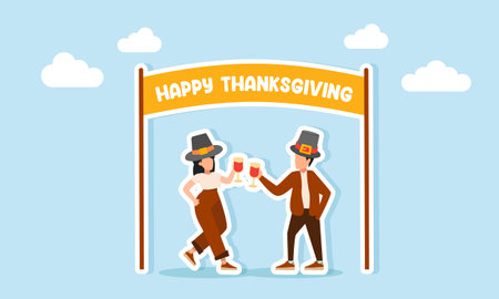 Man and woman wearing hats toasting with drinking glasses under a banner gate that says HAPPY THANKSGIVING illustration of appreciation for Thanksgiving Day celebrationのイラスト素材