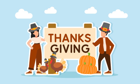 Man and woman wearing hats standing near several turkeys with hats a pile of pumpkins and a sign that says THANKSGIVING illustration of appreciation for Thanksgiving celebrationのイラスト素材