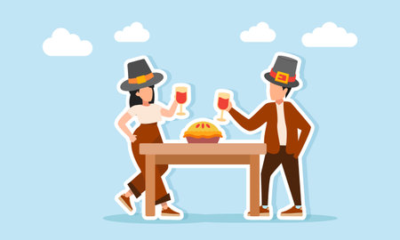 Man and woman wearing hats toasting with drinking glasses near a table with pie illustration of appreciation for Thanksgiving Day celebrationのイラスト素材