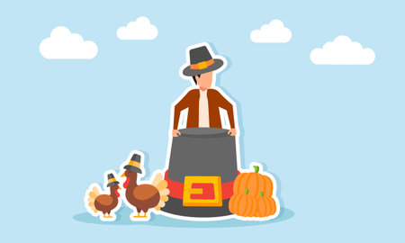 Man wearing hat popping out from behind a giant hat near stacked pumpkins and several turkeys illustration of appreciation for Thanksgiving Day celebrationのイラスト素材