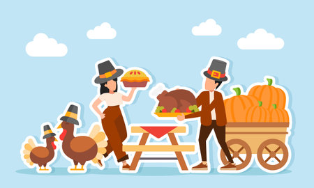Man wear hat carry roasted chicken dish while woman wear hat hold pie near table several turkeys and a wagon full of pumpkins illustration of appreciation for Thanksgiving Dayのイラスト素材