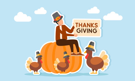 Man wearing hat holding a thanksgiving sign while sitting on a giant pumpkin near several turkeys illustration of appreciation for Thanksgiving Day celebrationのイラスト素材