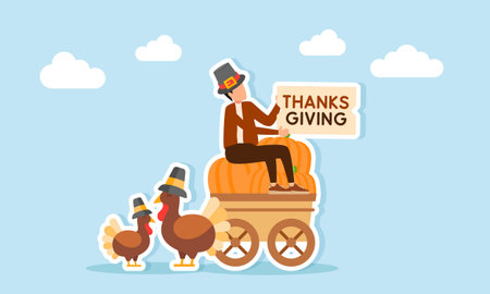 Man wearing hat holding a THANKSGIVING sign sitting on a cart basket full of pumpkins near several turkeys illustration of appreciation for Thanksgiving Dayのイラスト素材