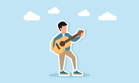 Young man playing guitar musical instrument illustration of appreciation for music day or music festivalのイラスト素材