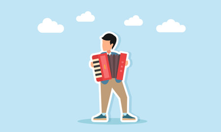 Young man playing accordion musical instrument illustration of appreciation for music day or music festivalのイラスト素材