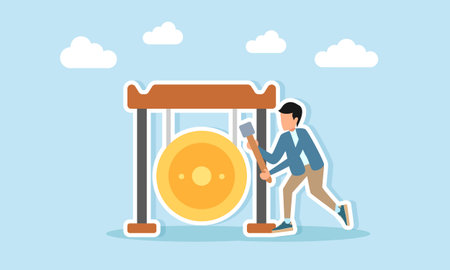 Young man playing traditional gong musical instrument illustration of appreciation for music day or music festivalのイラスト素材