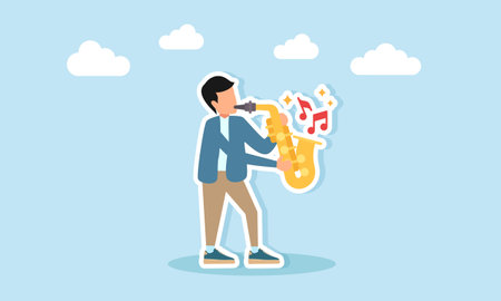 Young man playing saxophone musical instrument illustration of appreciation for music day celebration or music festivalのイラスト素材