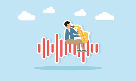 Young man sitting on soundwave playing saxophone illustration for music day or festival celebrationのイラスト素材
