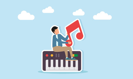 Young man sitting on piano holding musical note illustration for music day or festival celebrationのイラスト素材