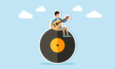Young man playing guitar on vinyl record illustration of appreciation for music day celebration or...