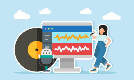 Young woman singing near monitor showing audio mixing app with vinyl record and microphone illustration of appreciation for celebration of music day or music festivalのイラスト素材