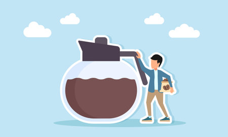 Man carrying sack full of coffee beans standing near coffee machine illustration for appreciation of coffee day celebration or coffee festivalのイラスト素材