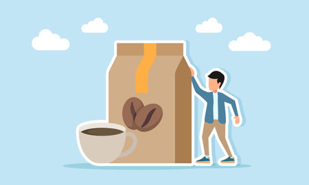 Man standing near coffee bean package and cup of coffee illustration for appreciation of coffee day celebration or coffee festivalのイラスト素材