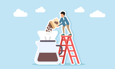 Man on ladder pouring sack of coffee beans into coffee machine illustration for coffee day celebration or coffee festival appreciationのイラスト素材