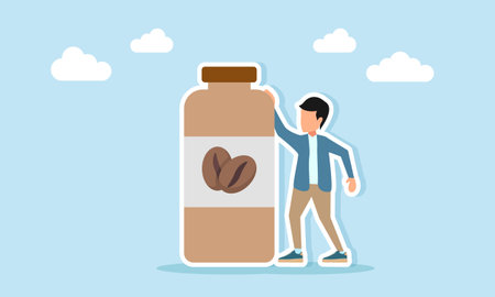 Man standing near a beverage bottle with coffee bean label illustration for coffee day celebration or coffee festival appreciationのイラスト素材