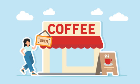Woman placing open signboard at coffee shop illustration for coffee day celebration or coffee festivalのイラスト素材