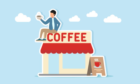 Man holding coffee cup sitting on coffee shop illustration for coffee day celebration or coffee festivalのイラスト素材